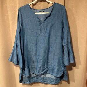 HANNAH Womens Blue Denim Chambray Bell Sleeve Tunic Top V Neck Size Small